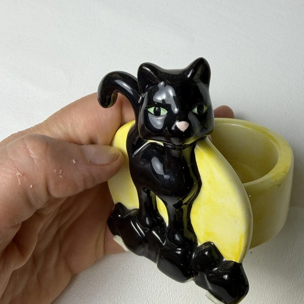 Black KITTY Cat Yellow Moon Tea Light Holder Halloween Pink Nose Set Of 3
